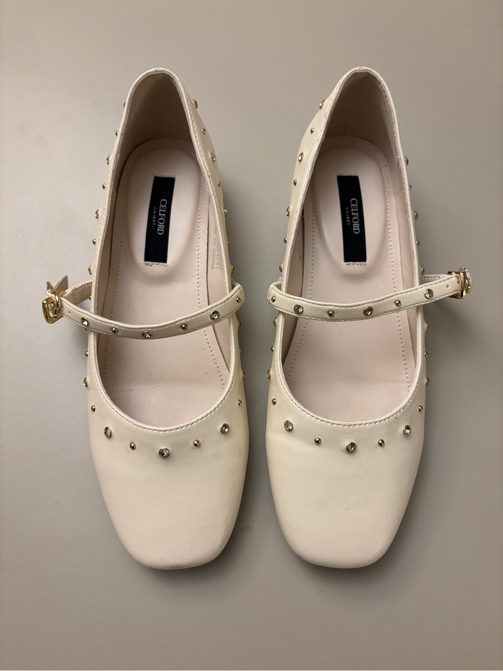Ford Cream Studded Mary Jane Flats with Gold Accents